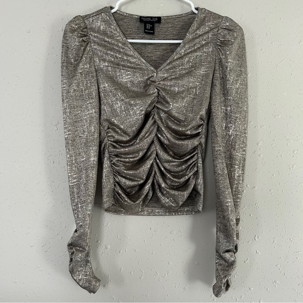 Rachel Zoe Gold Metallic Cinched Long Sleeve Party Formal Blouse XS